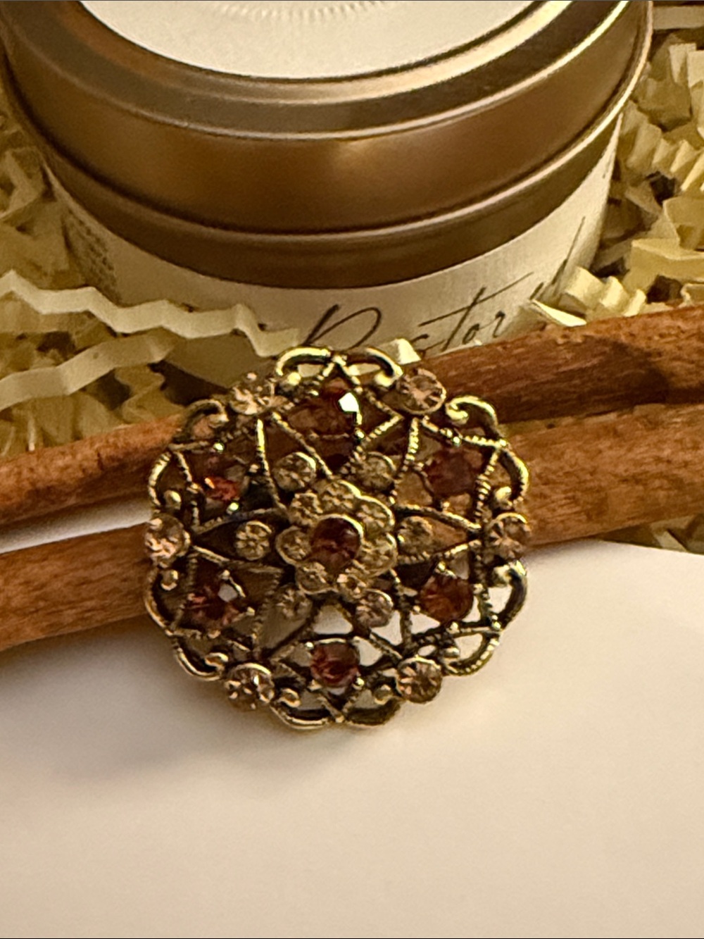Vintage-Style Gold Tone Floral Filigree Brooch with Amber Crystals